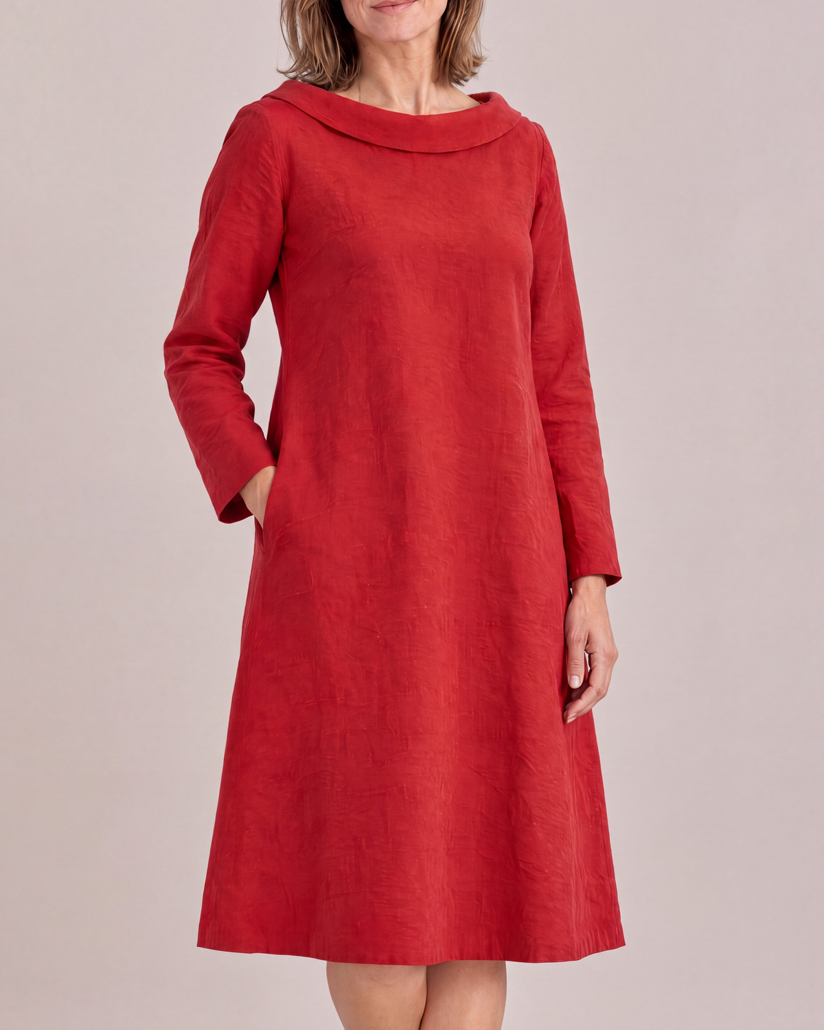 LILA linen back bow A-line dress in Red with long sleeves and folded collar