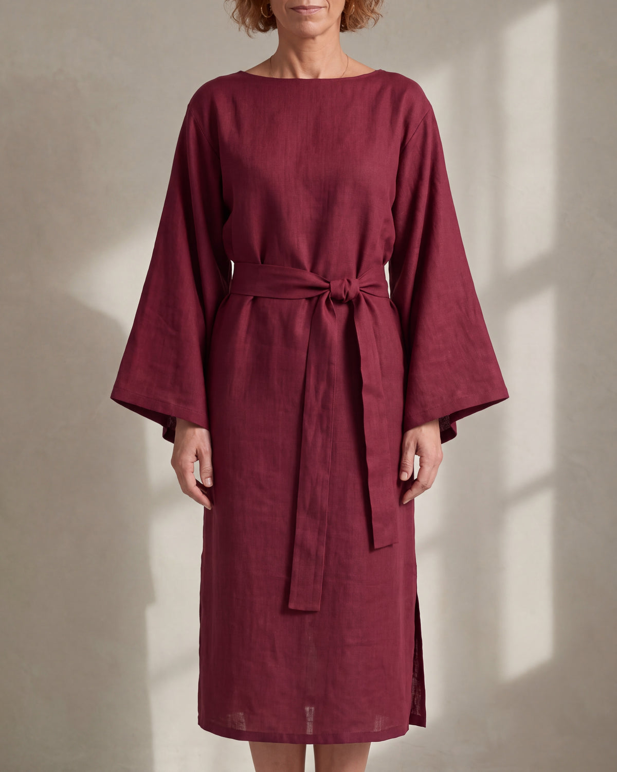 WHISPER Red linen blend kimono sleeve midi dress, close front view