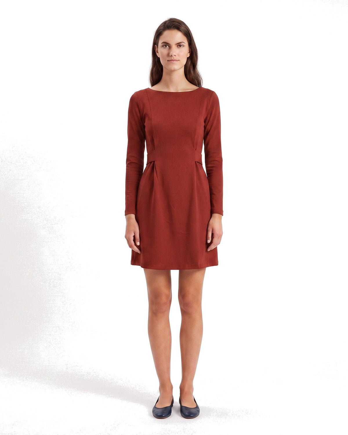 LOLITA – Italian Punto Milano Long Sleeve A-Line Dress, red, front view, studio #Color_Red