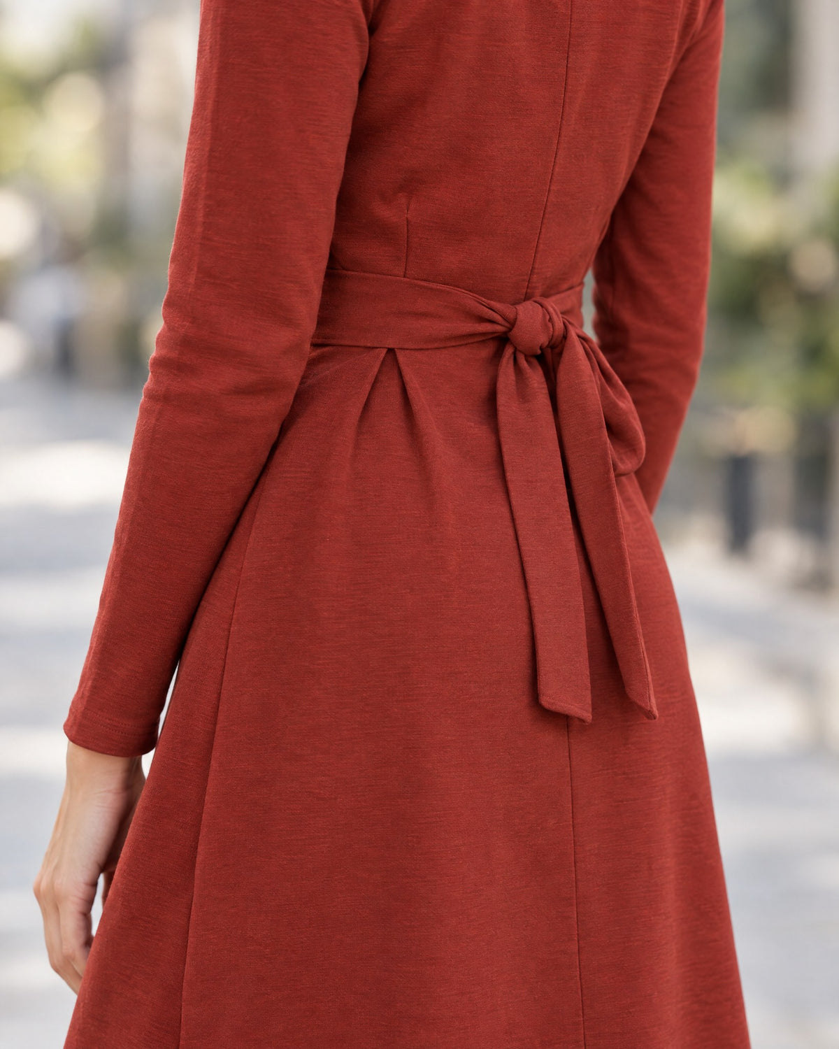 LOLITA – Italian Punto Milano Long Sleeve A-Line Dress, red, fabric and tie-waist detail #Color_Red