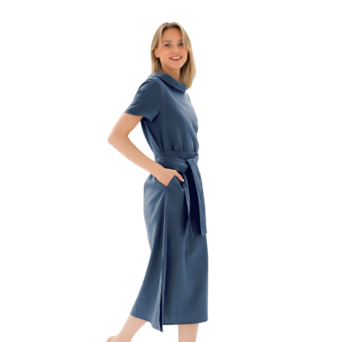 LONG STORY — Short-Sleeve Belted Linen Midi Dress