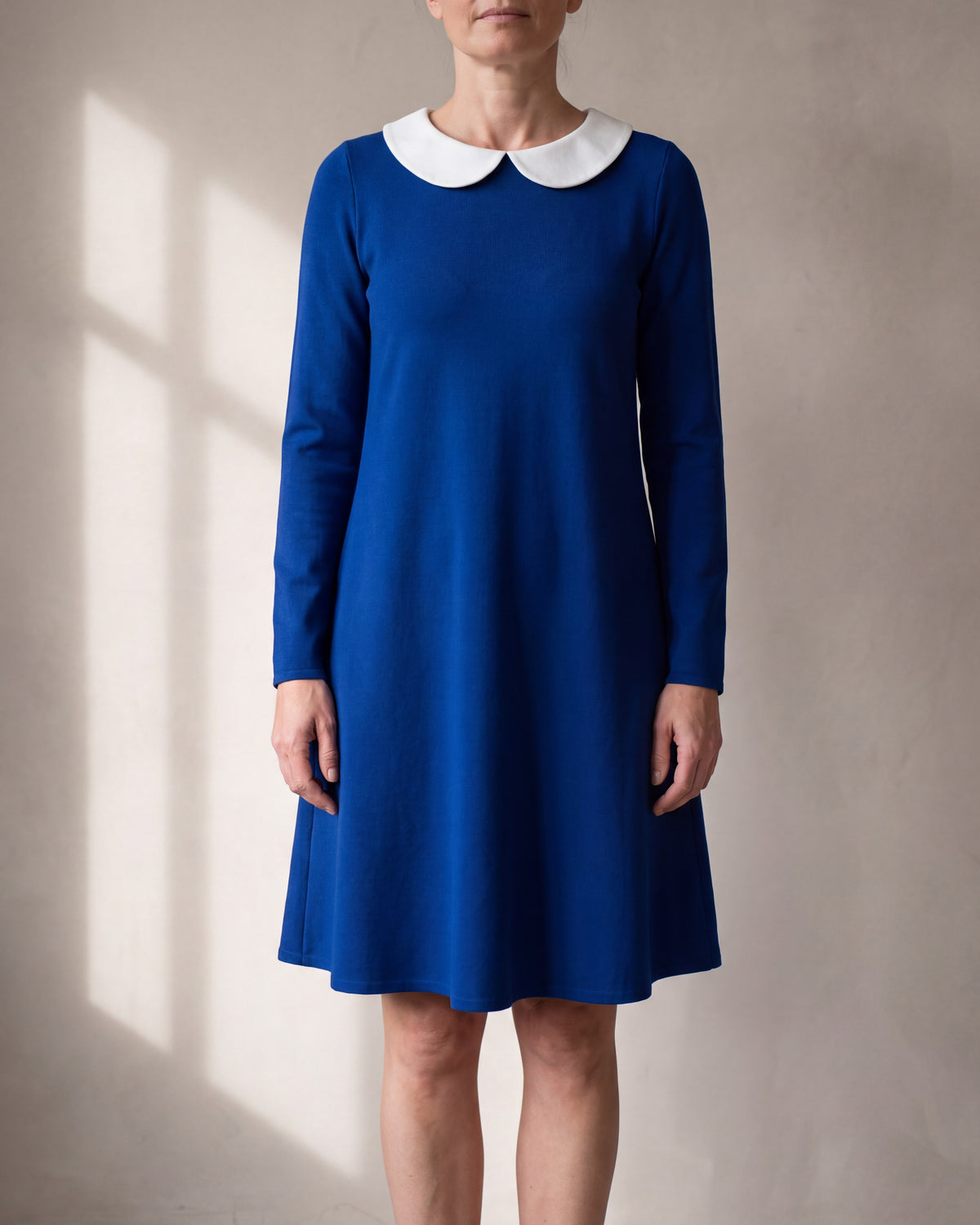 LOVER sapphire blue Punto Milano contrast collar dress, close front view