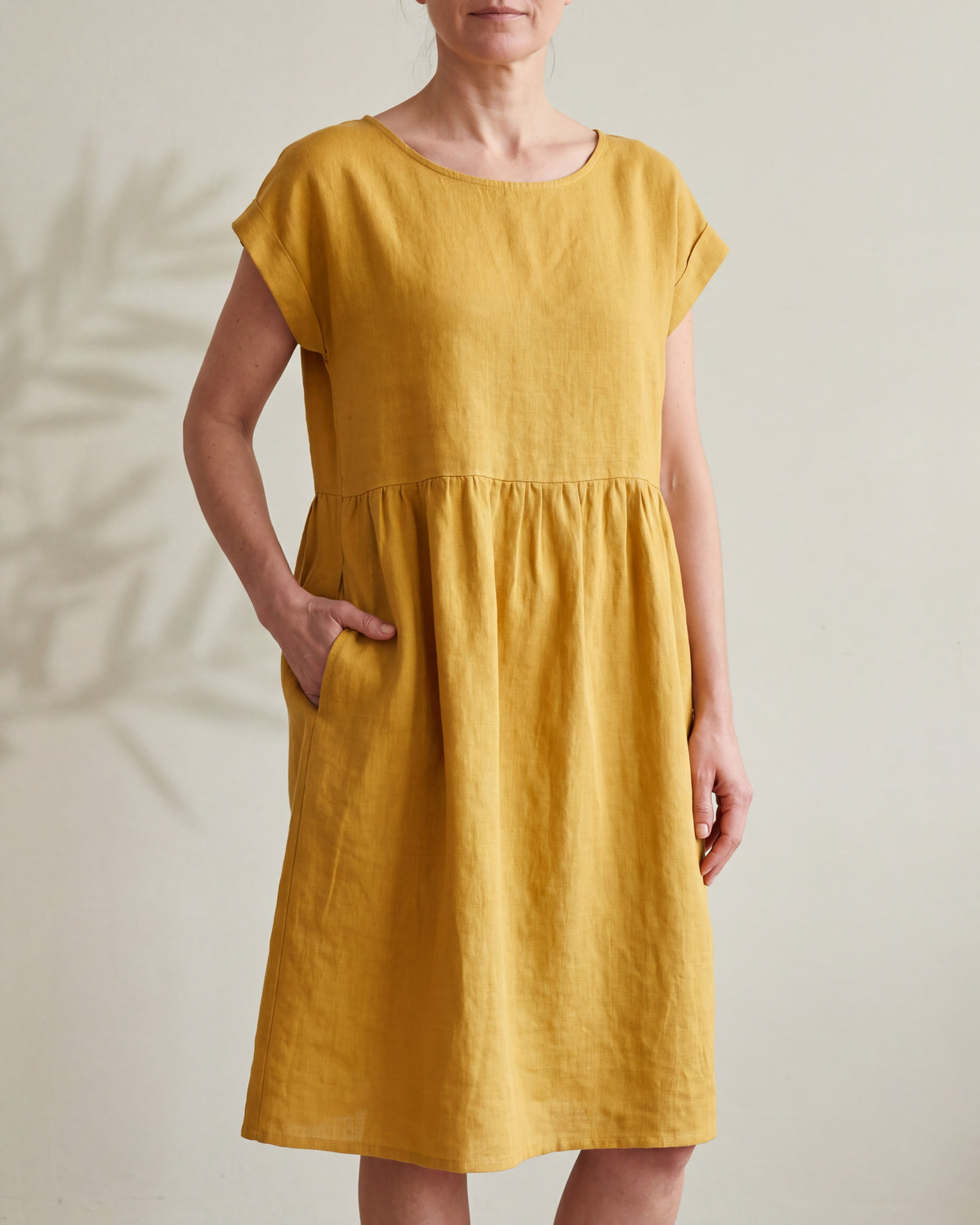 LUNA yellow linen blend gathered waist pocket dress, close front view