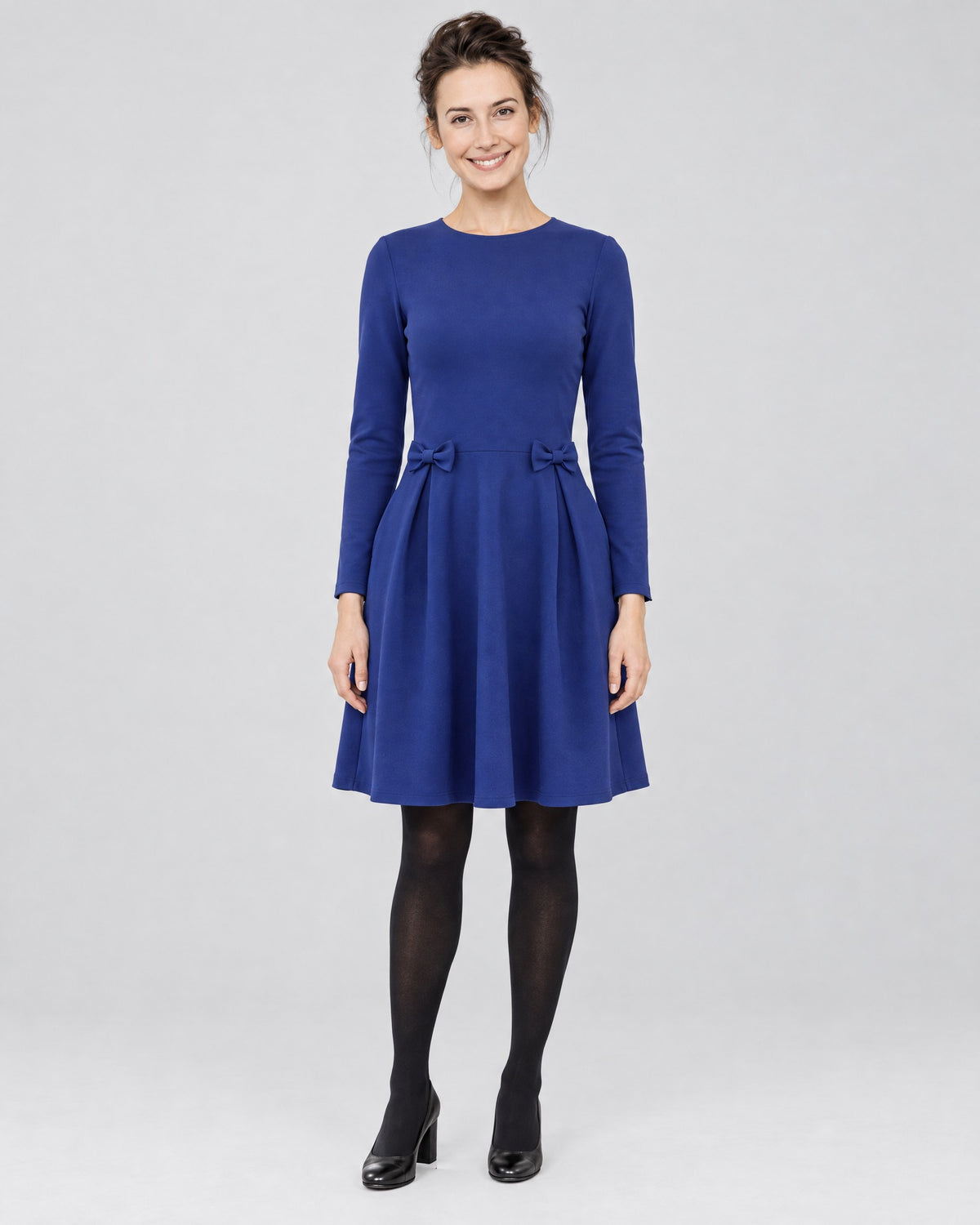 MADMUAZEL Punto Milano dress in sapphire blue, front view, full length, long sleeves, round neckline, waist bows and side pockets #Color_Sapphire blue