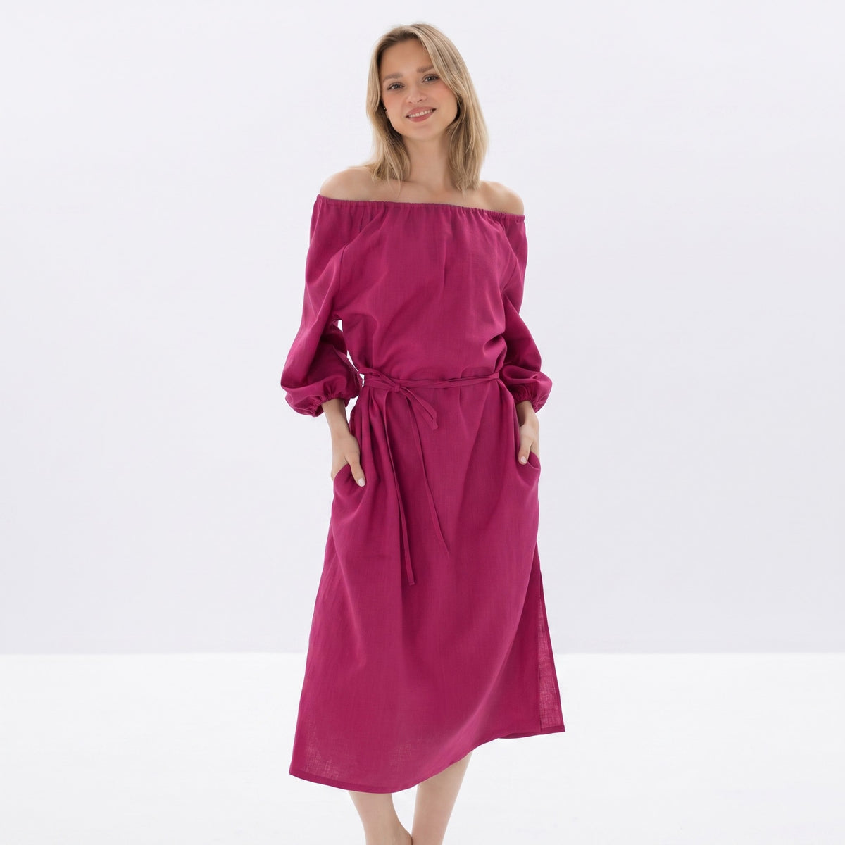 MOON — Schulterfreies Stonewashed-Leinen-Midikleid