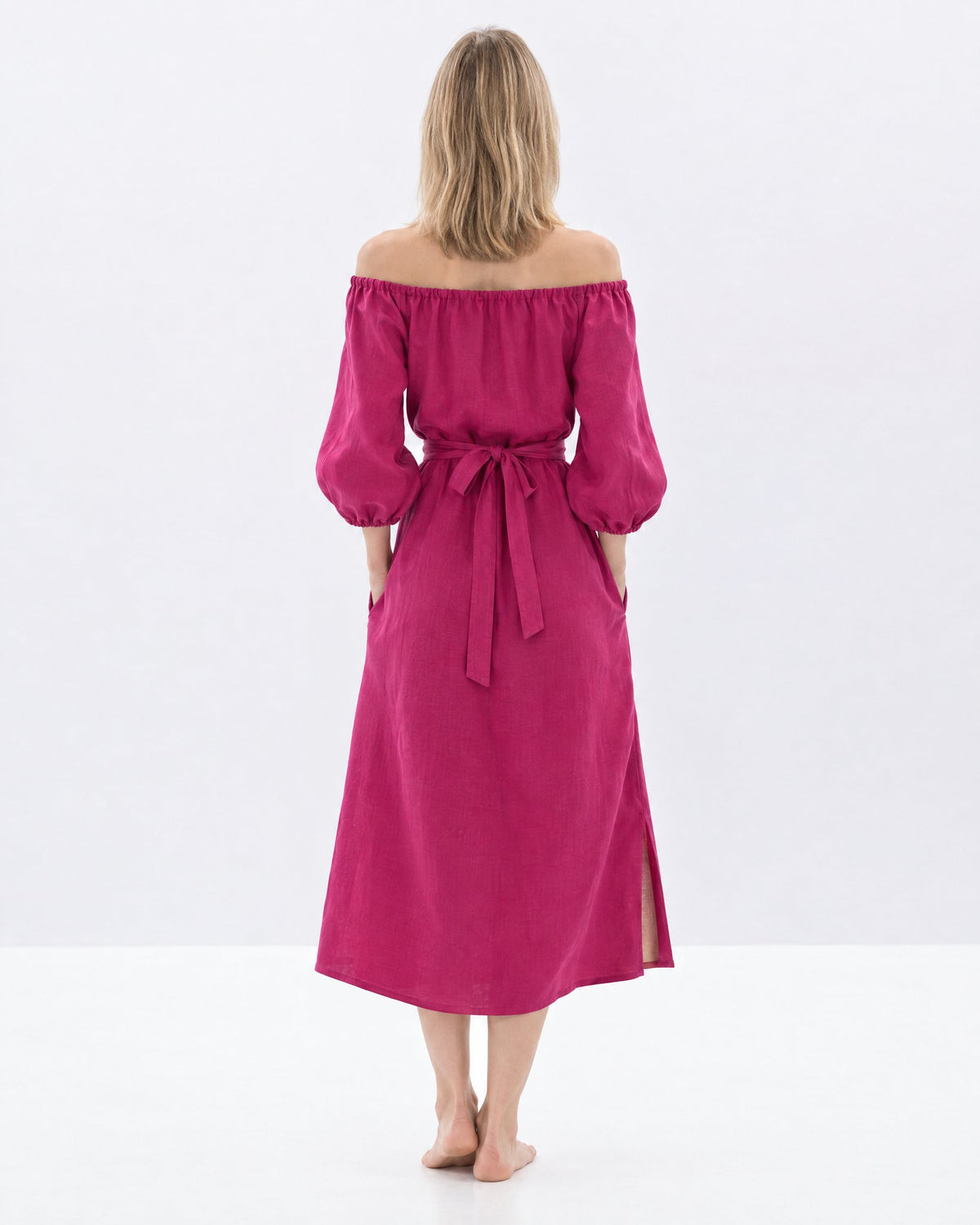 MOON – Cerise off-shoulder linen midi dress, back view in studio #Color_Cerise