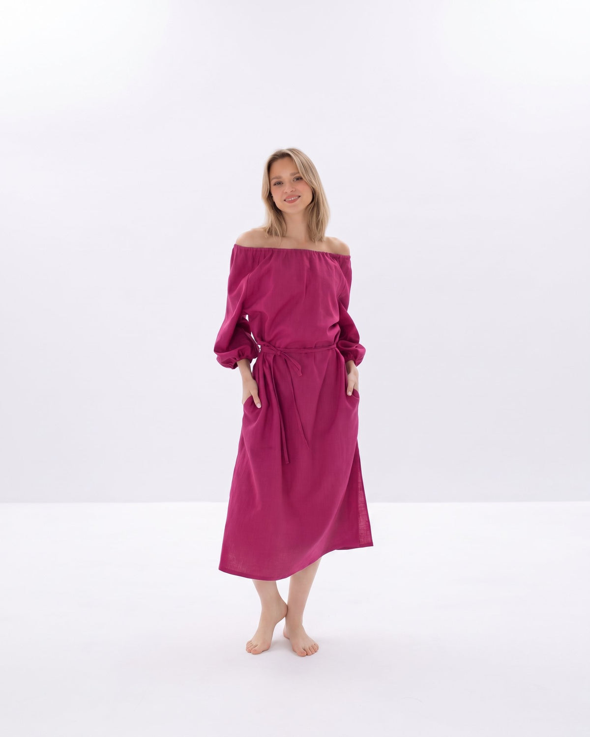 MOON – Cerise off-shoulder linen midi dress, front view full length in studio #Color_Cerise
