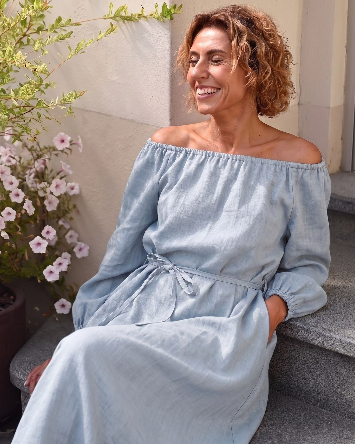MOON – Light blue off-shoulder linen midi dress, lifestyle on steps #Color_Light blue
