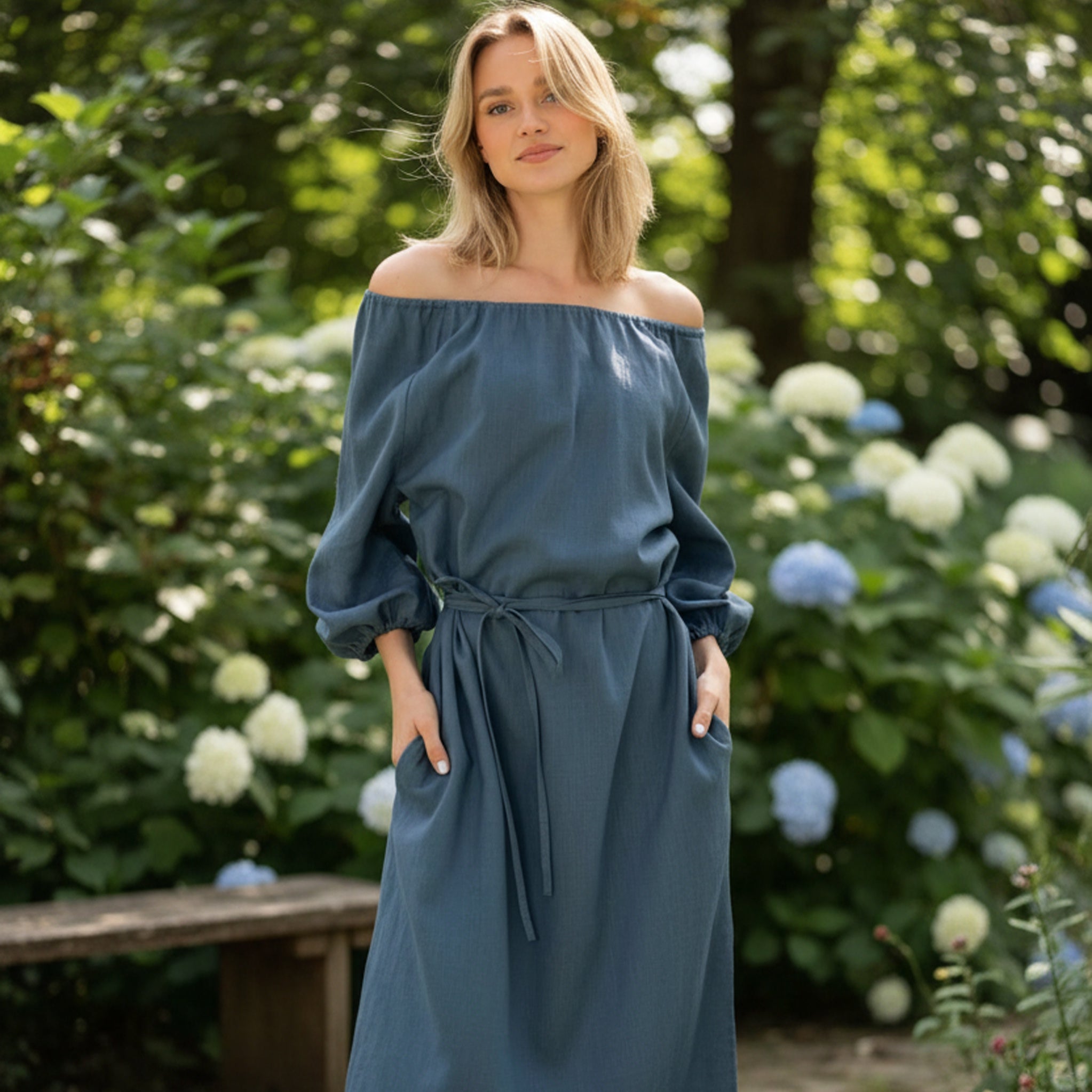MOON — Off-Shoulder Stonewashed Linen Midi Dress