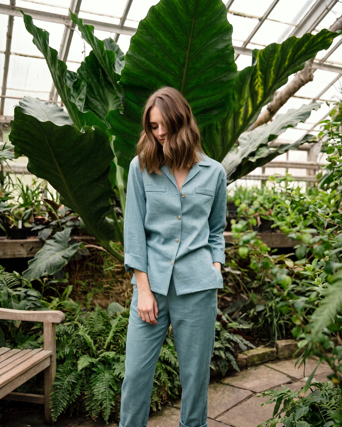 OASIS – teal linen blend camp collar shirt, front, in a greenhouse