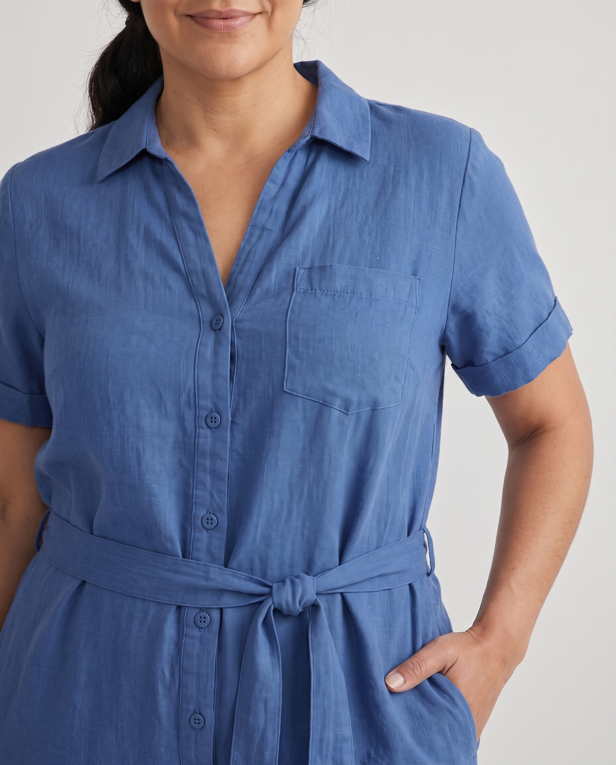 ONE linen wide-leg jumpsuit in Blue, collar and side pocket