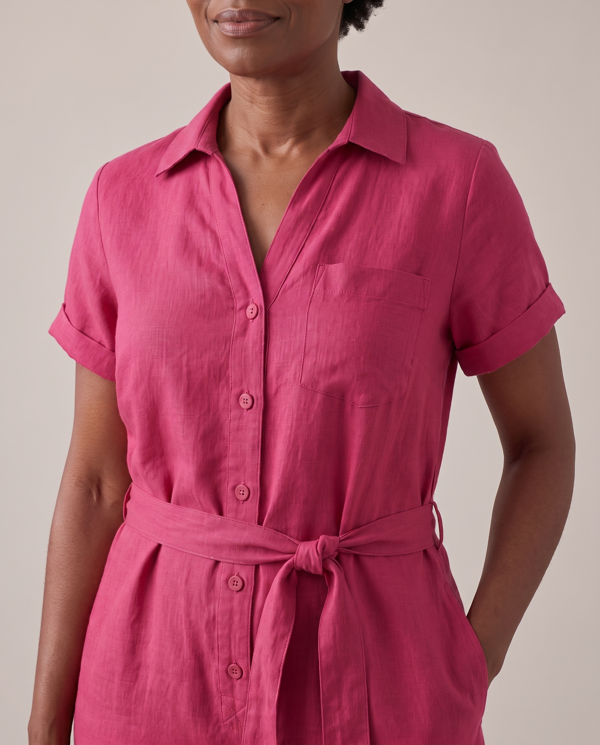 ONE linen wide-leg jumpsuit in Cerise, collar and buttons