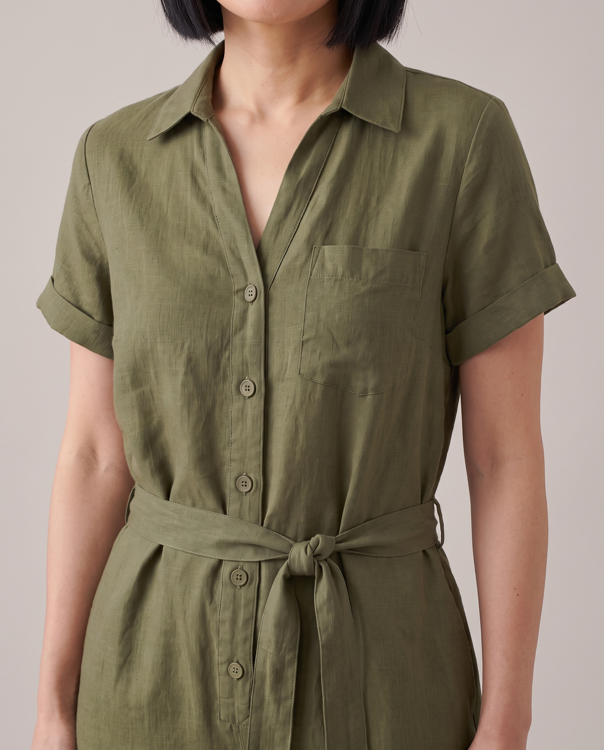 ONE linen wide-leg jumpsuit in Olive Green, collar and buttons