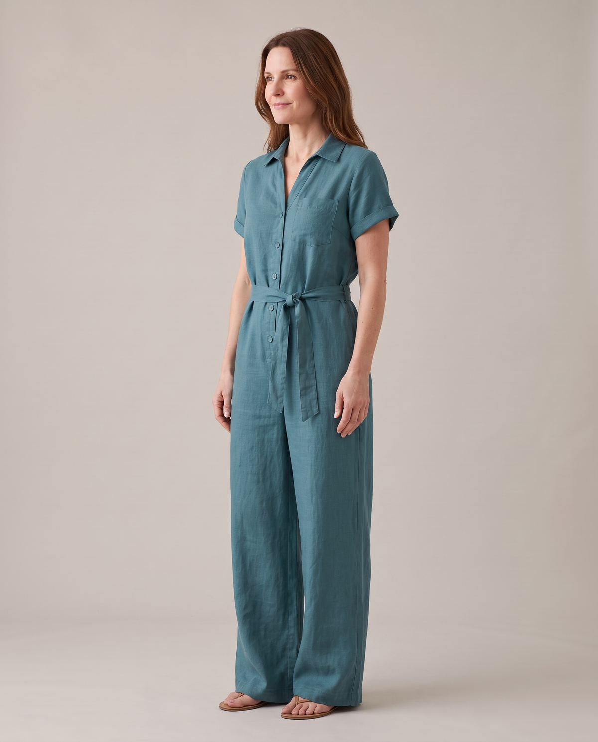 ONE linen wide-leg jumpsuit in Teal, three-quarter view