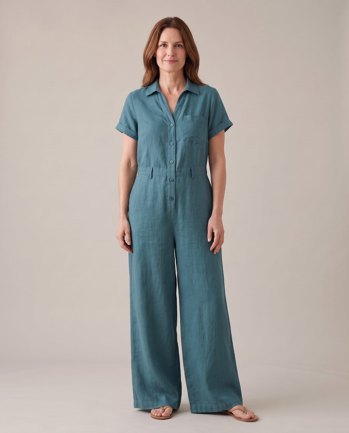 ONE linen wide-leg jumpsuit in Teal, worn without the belt