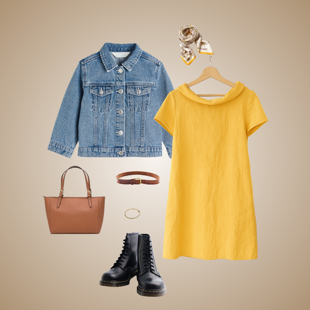 Fall outfit: yellow linen dress with a denim jacket, tan tote, belt and lace-up boots