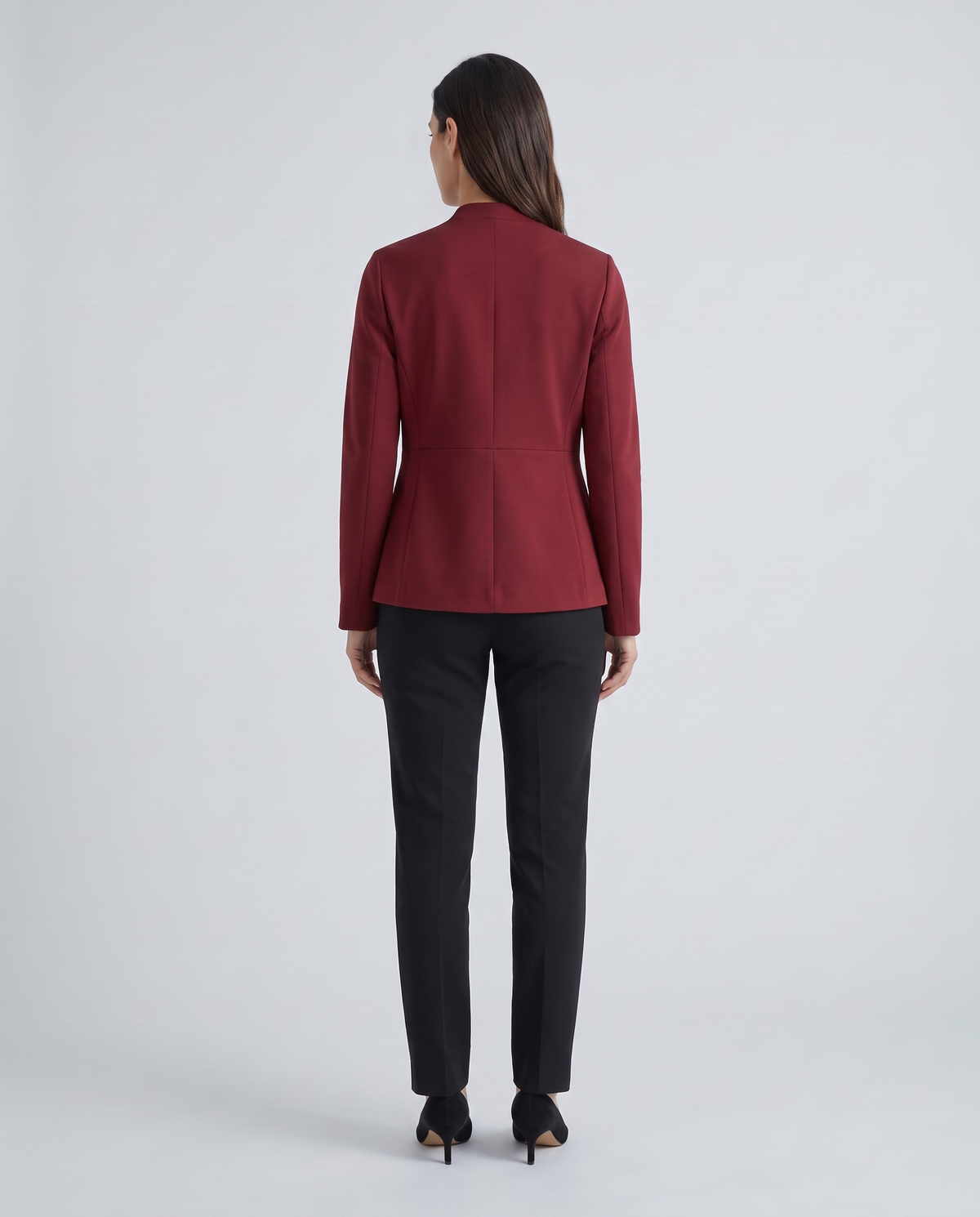 Oxblood collarless jacket, back view