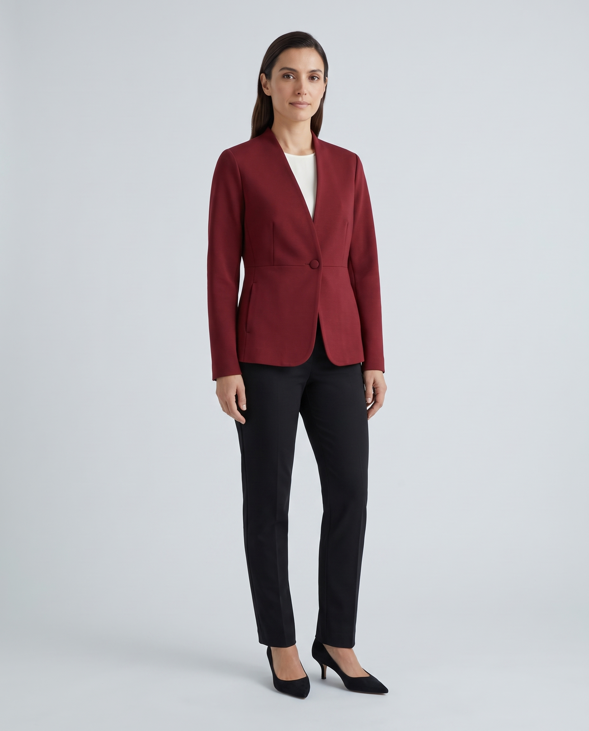 Oxblood collarless jacket, front view