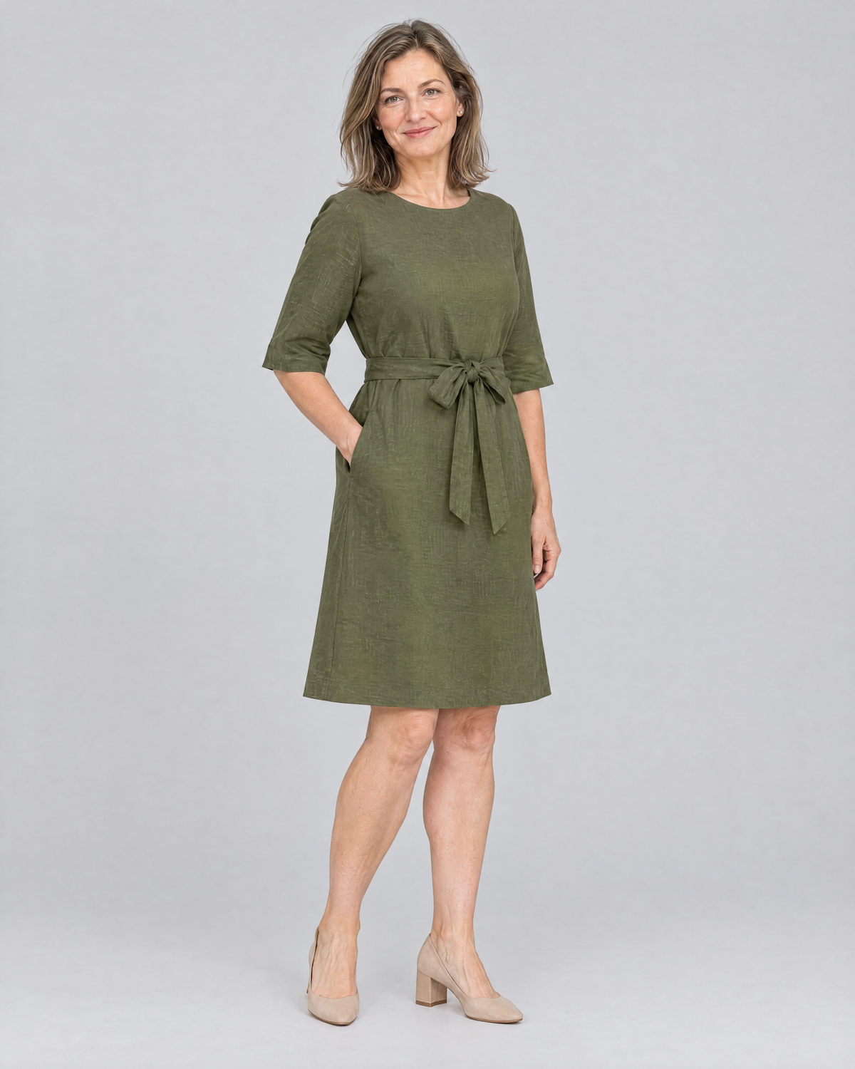 REACH linen dress in Olive Green, three-quarter view
