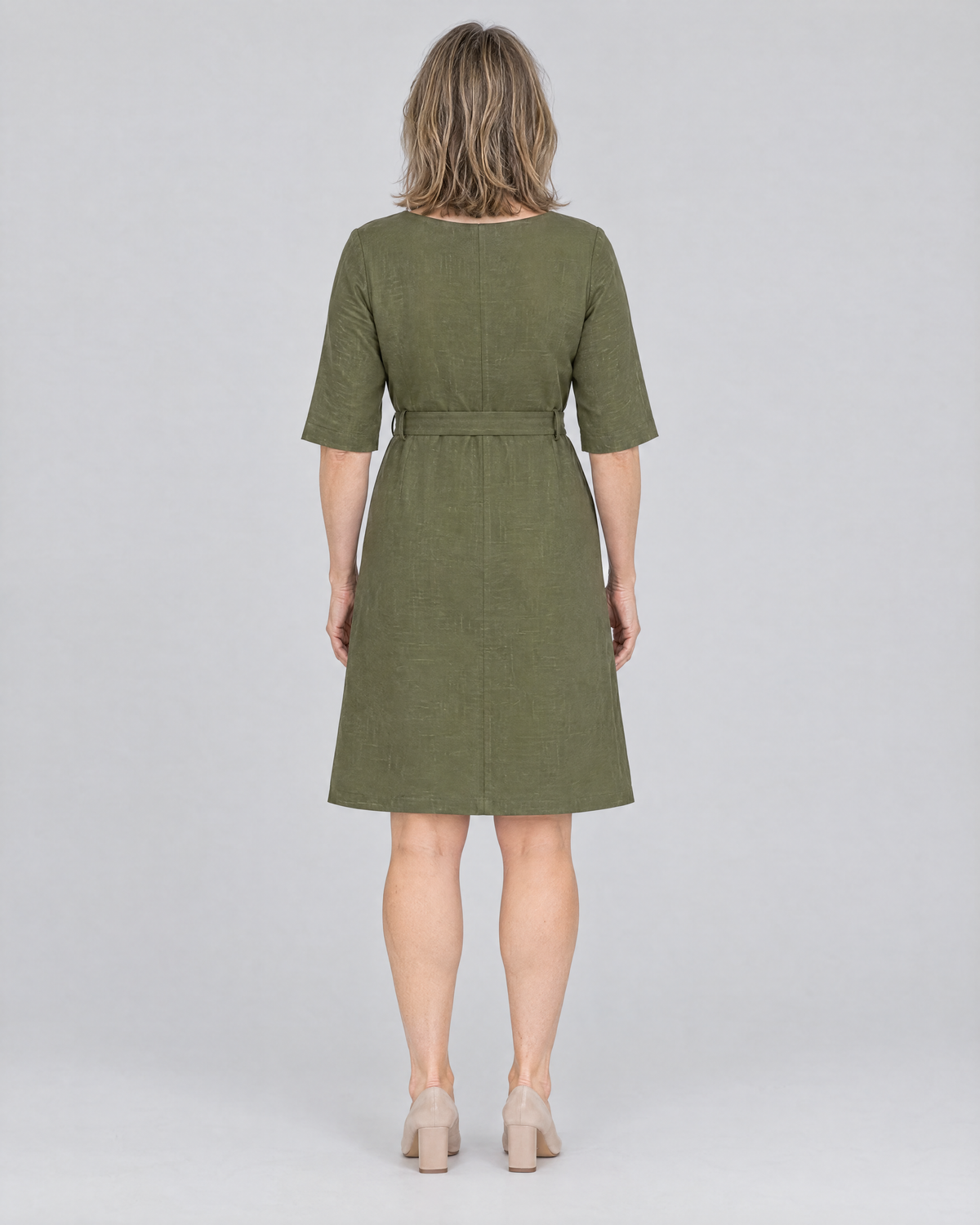 REACH linen dress in Olive Green, back view