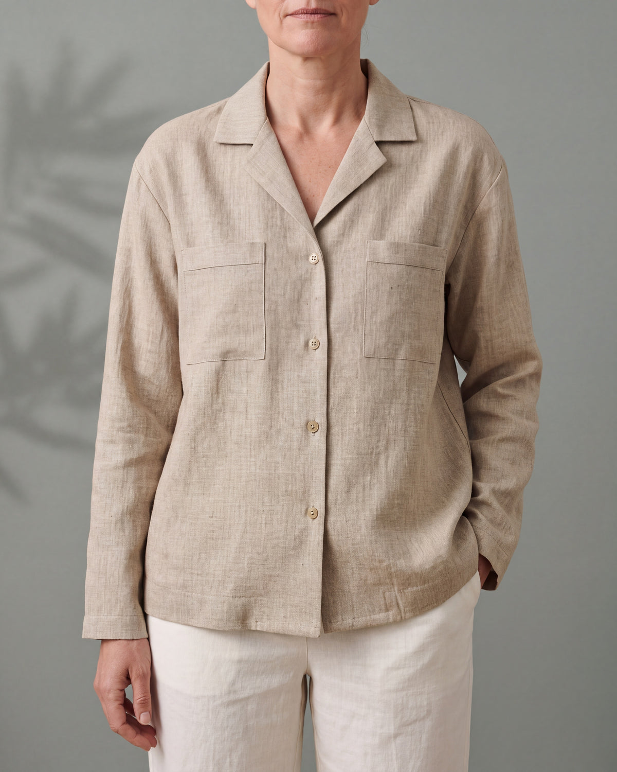 OASIS Beige linen blend camp collar shirt, close front view