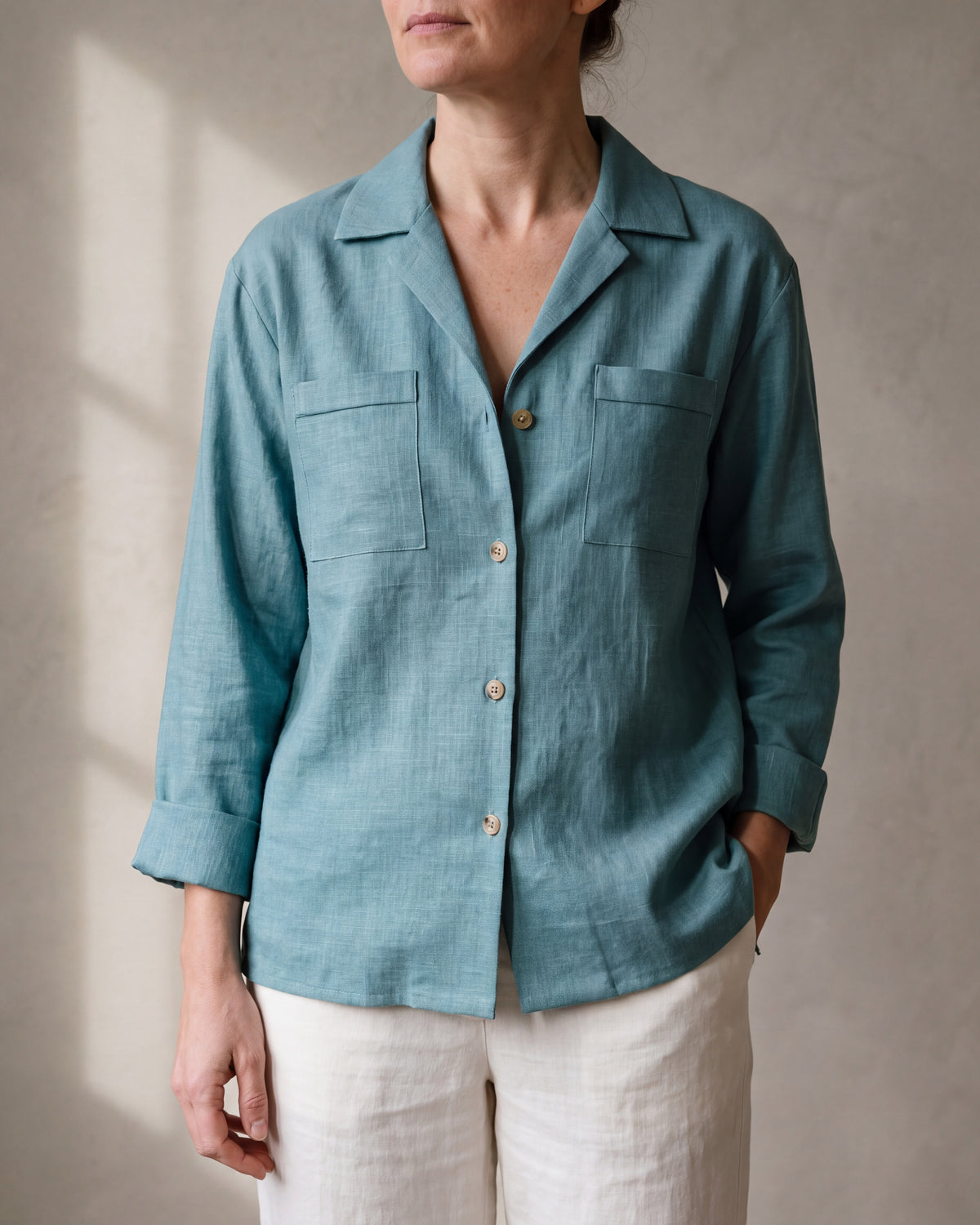 OASIS Teal linen blend camp collar shirt, close front view