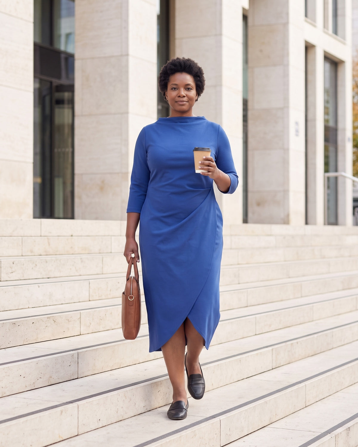 SELMA karališka mėlyna drapiruota Punto Milano midi suknelė ant miesto laiptų #Color_Royal blue