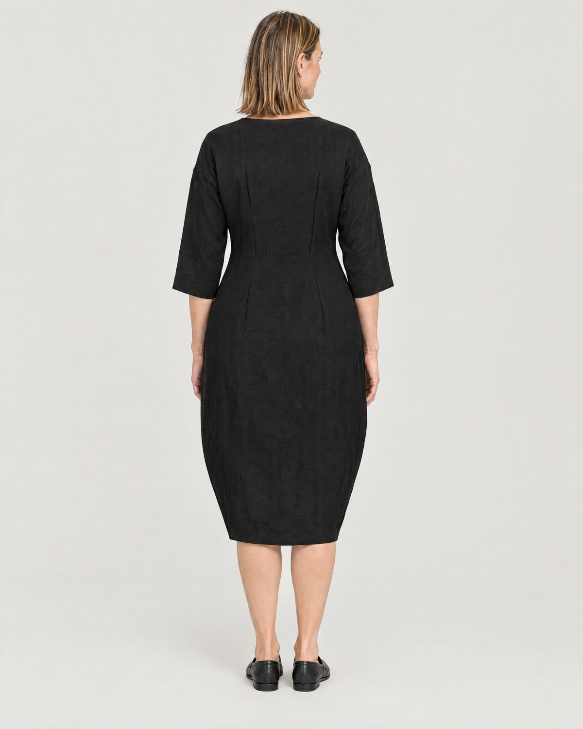 SHAPE linen cocoon midi dress in Black, back view with back darts