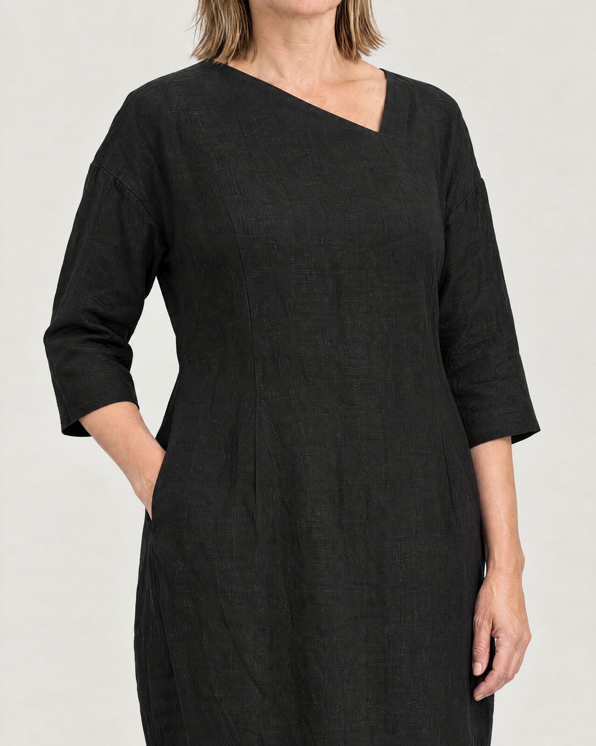 SHAPE linen cocoon midi dress in Black, close-up of the asymmetric neckline, dropped shoulder and side pocket