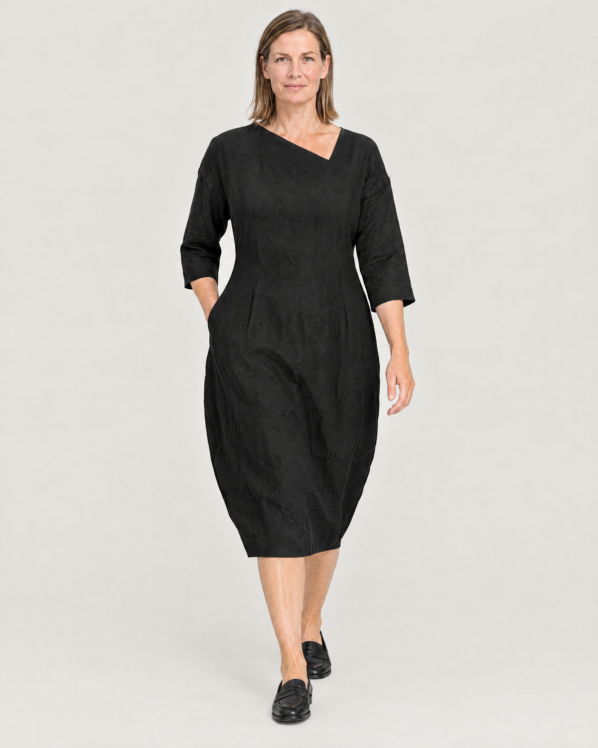 SHAPE linen cocoon midi dress in Black, walking