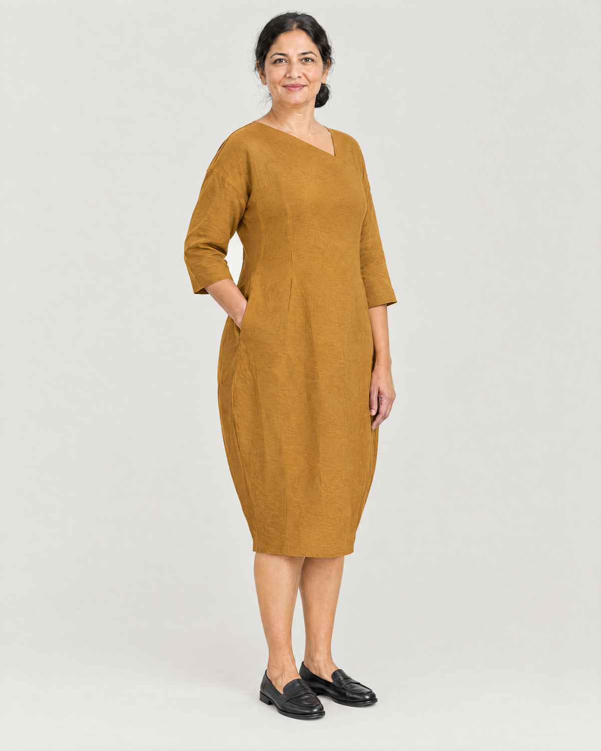 SHAPE linen cocoon midi dress in Ochre, three-quarter view