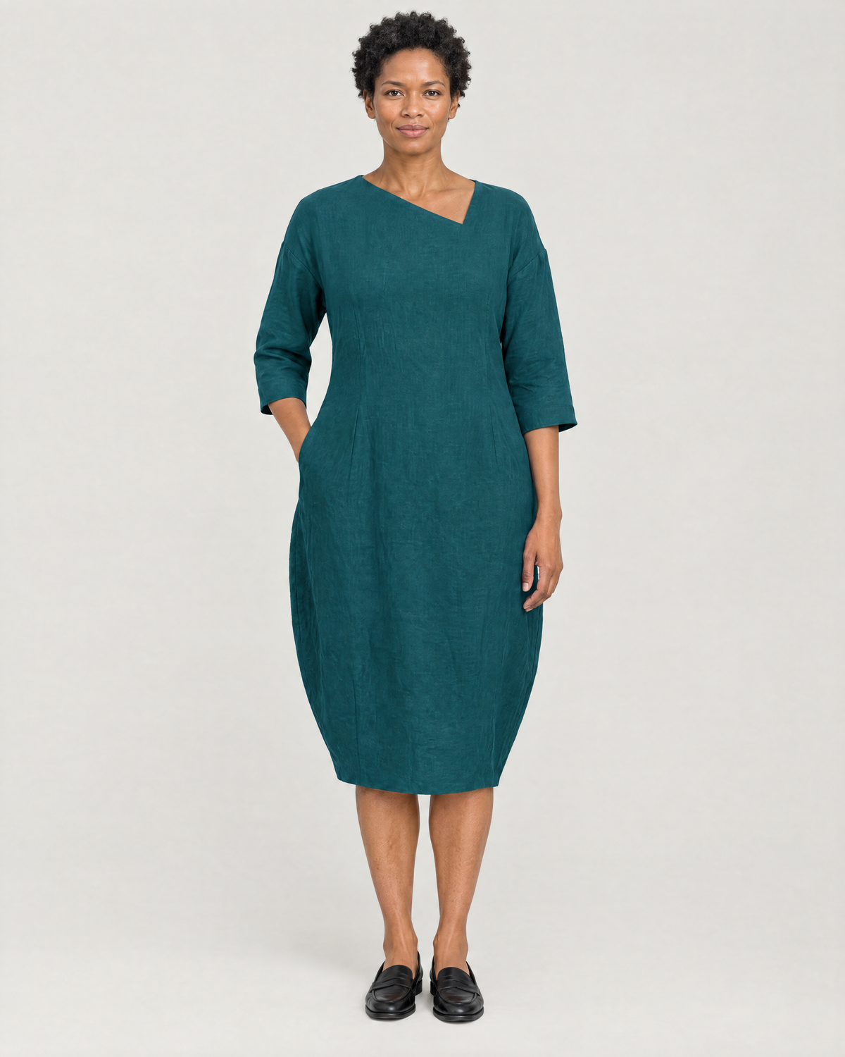 SHAPE linen cocoon midi dress in Teal, front view