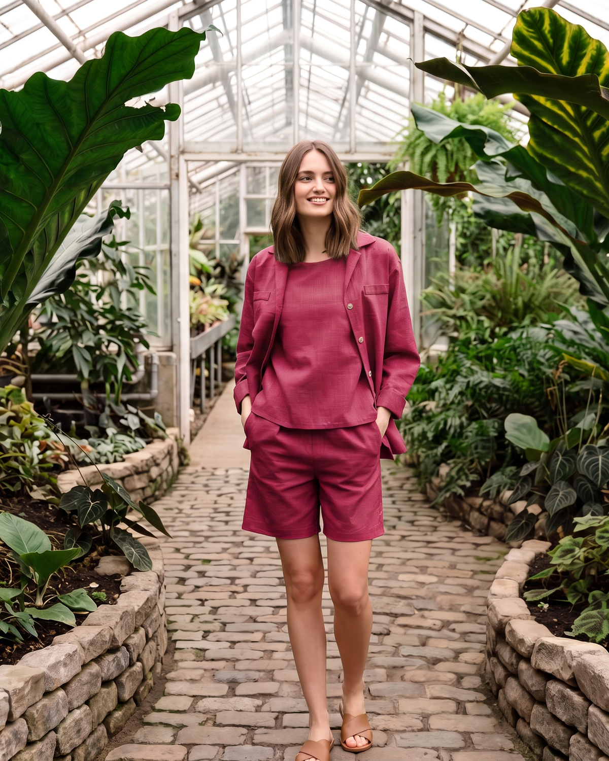SIMPLICITY – cerise linen blend high-waisted shorts, front, worn with a cerise shirt