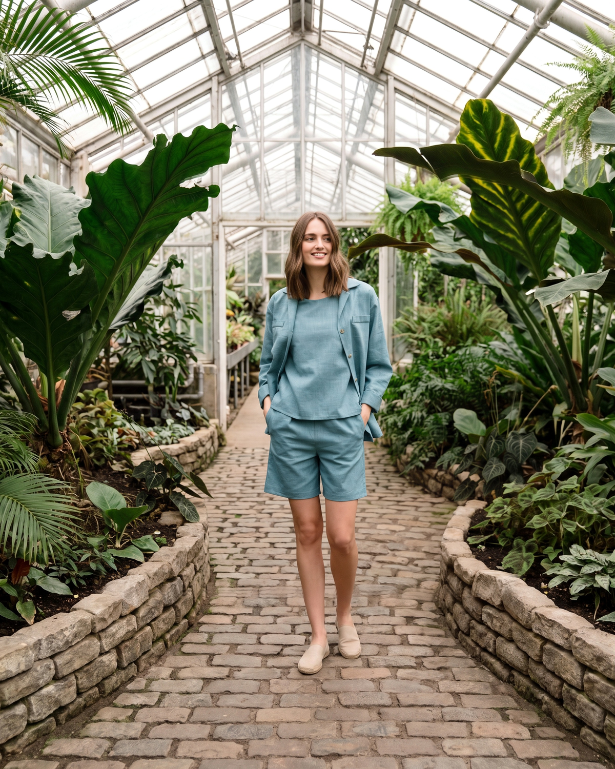 SIMPLICITY – teal linen blend high-waisted shorts, front, worn with a teal shirt