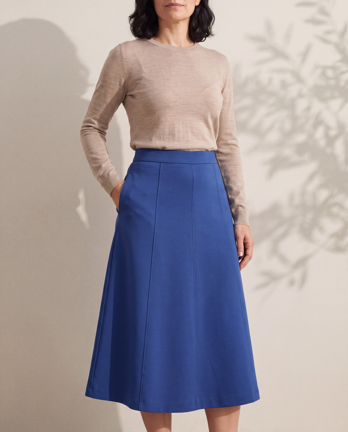 STEP Punto Milano A-line midi skirt in Cobalt with a flat front waistband