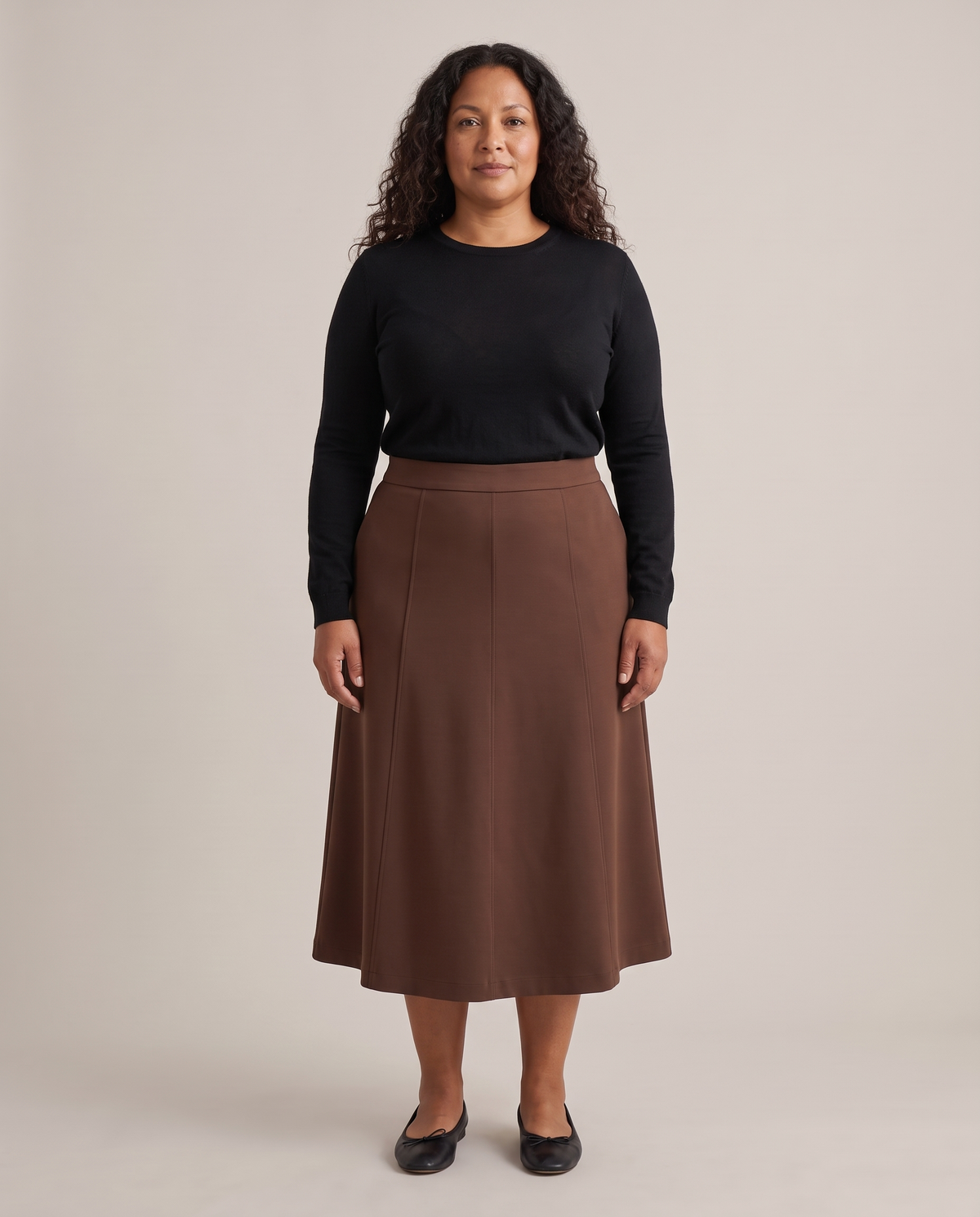 STEP Punto Milano A-line midi skirt in Brown, front view