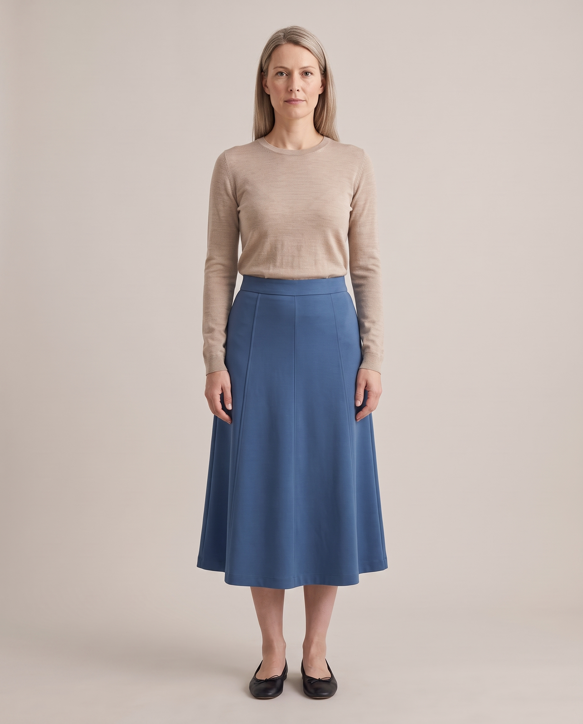 STEP Punto Milano A-line midi skirt in Blue, front view