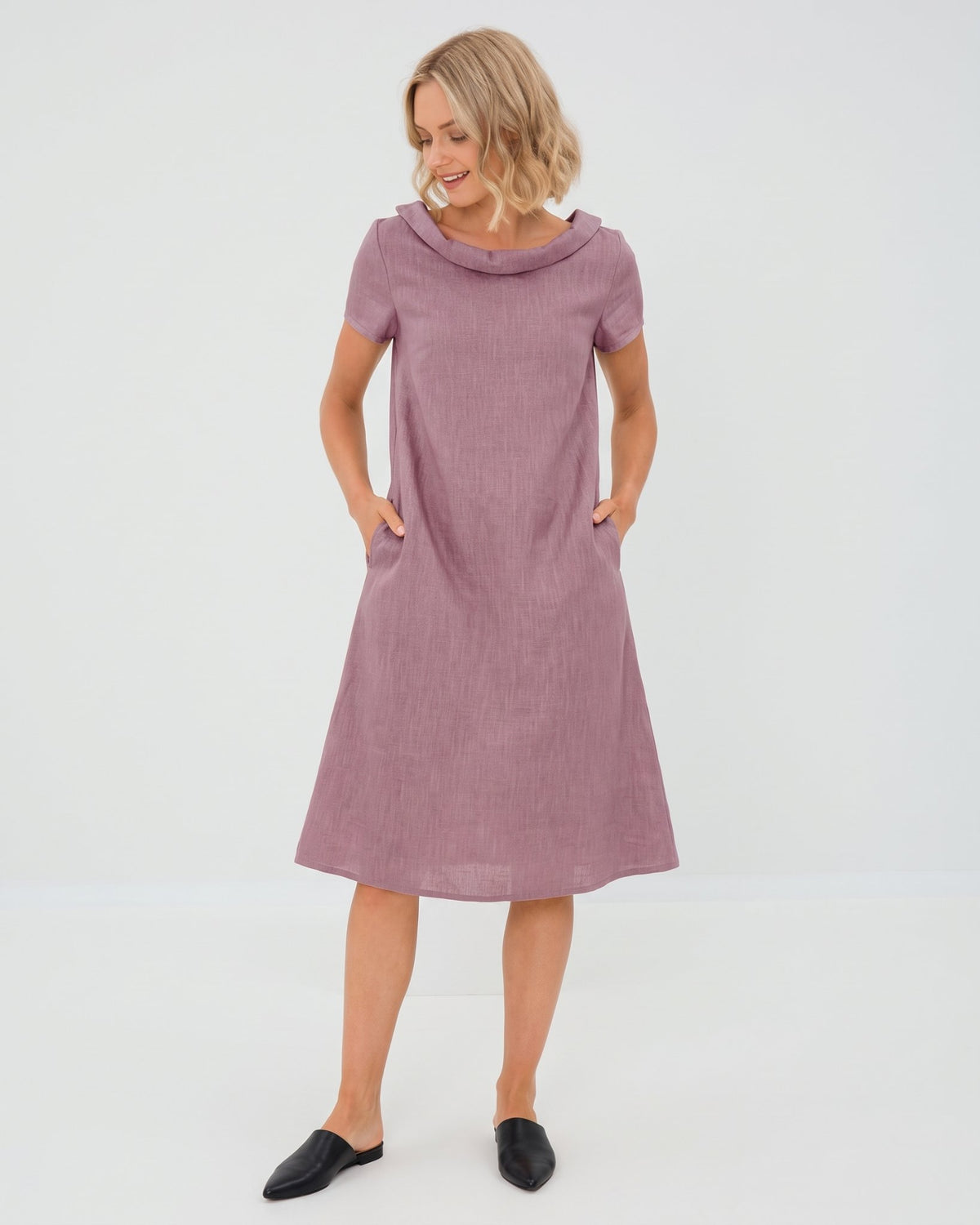 LeMuse STORY linen dress in dusty rose – studio front full-length view #Color_Dusty rose