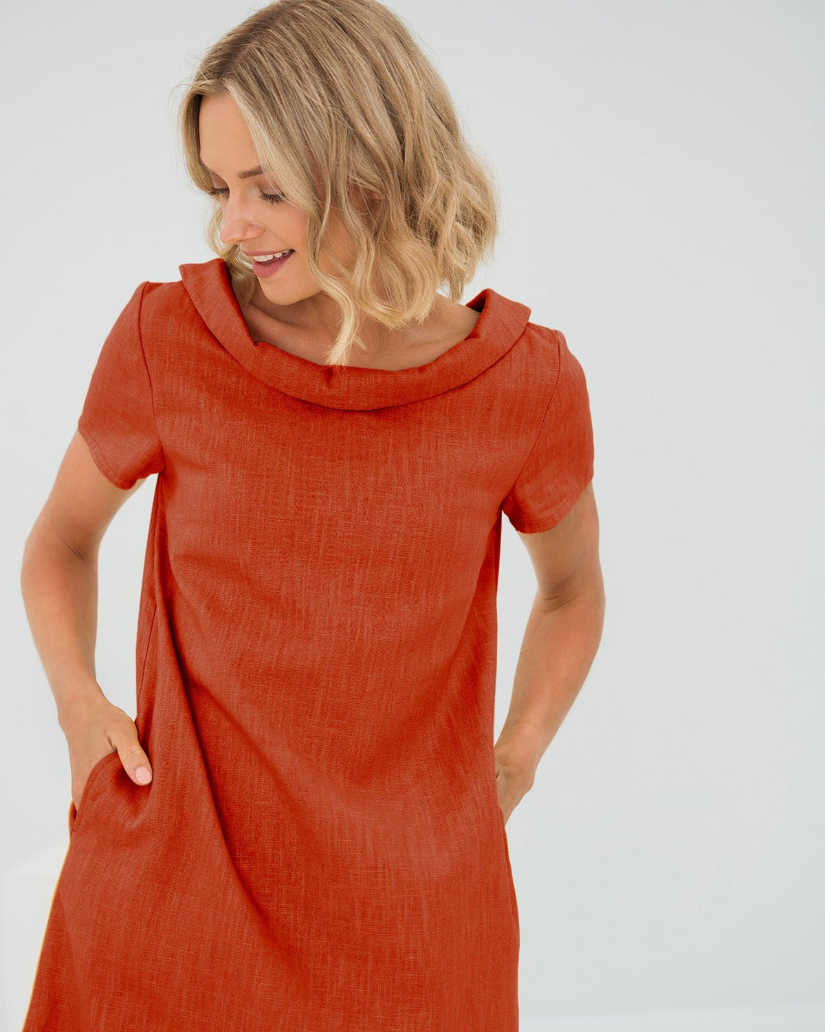LeMuse STORY linen dress in orange – studio front view #Color_Orange