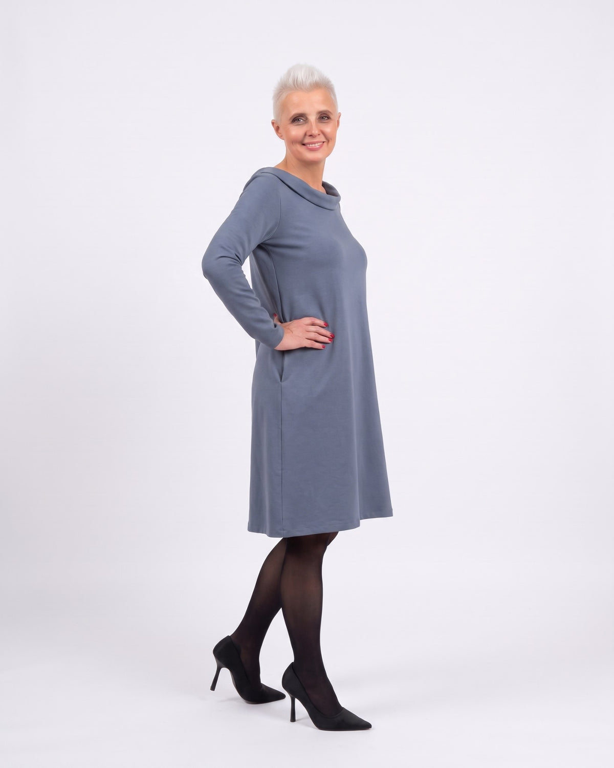 STORY Punto Milano – blue dress, side view showing how the A-line skirt falls #Color_Blue