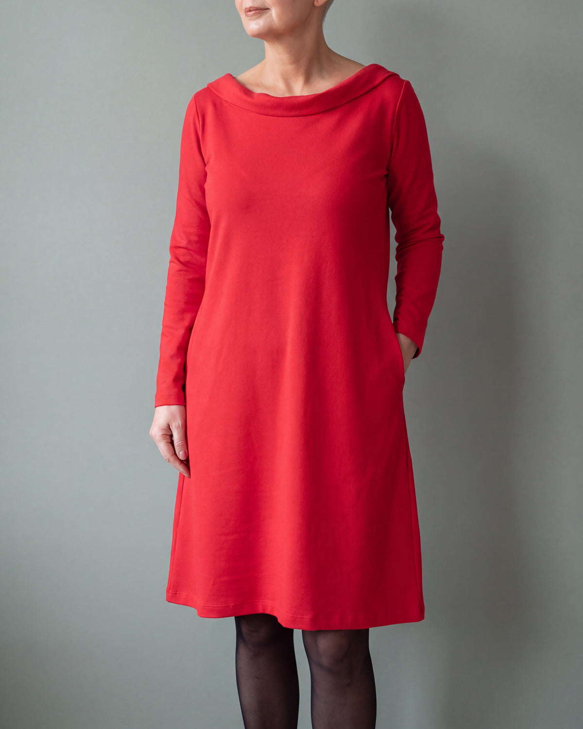 STORY red Punto Milano portrait neck A-line dress, close front view