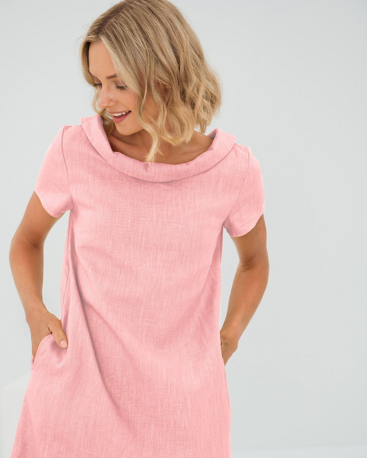 LeMuse STORY linen dress in rose – studio front view #Color_Rose
