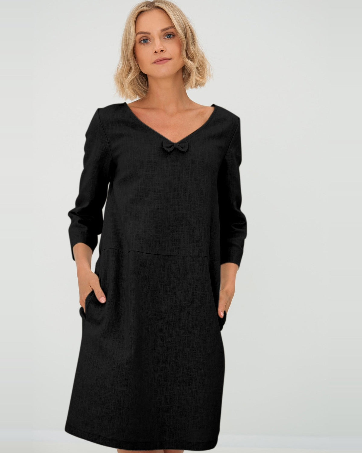 SUN – Linen Blend V-Neck Bow Dress – Black dress, front view, studio #Color_Black