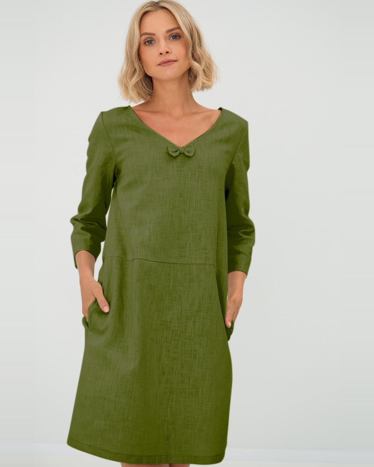 SUN – Linen Blend V-Neck Bow Dress – Olive green dress, front view, studio #Color_Olive green