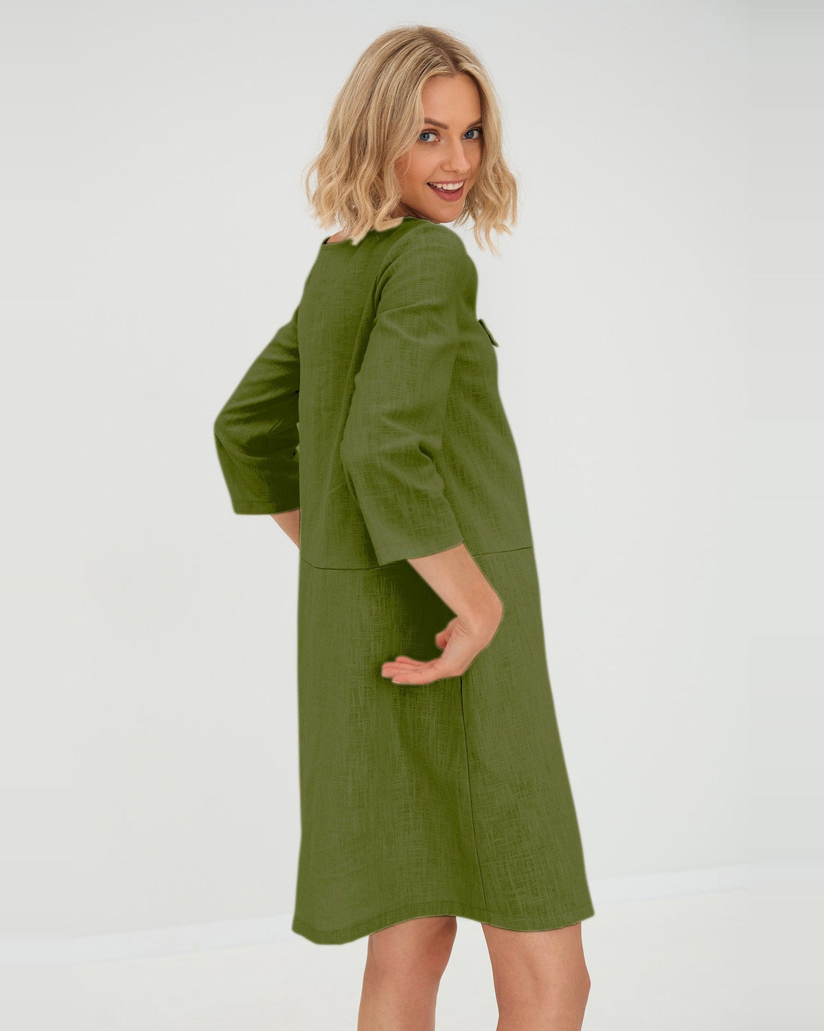 SUN – Linen Blend V-Neck Bow Dress – Olive green dress, back view over the shoulder, studio #Color_Olive green