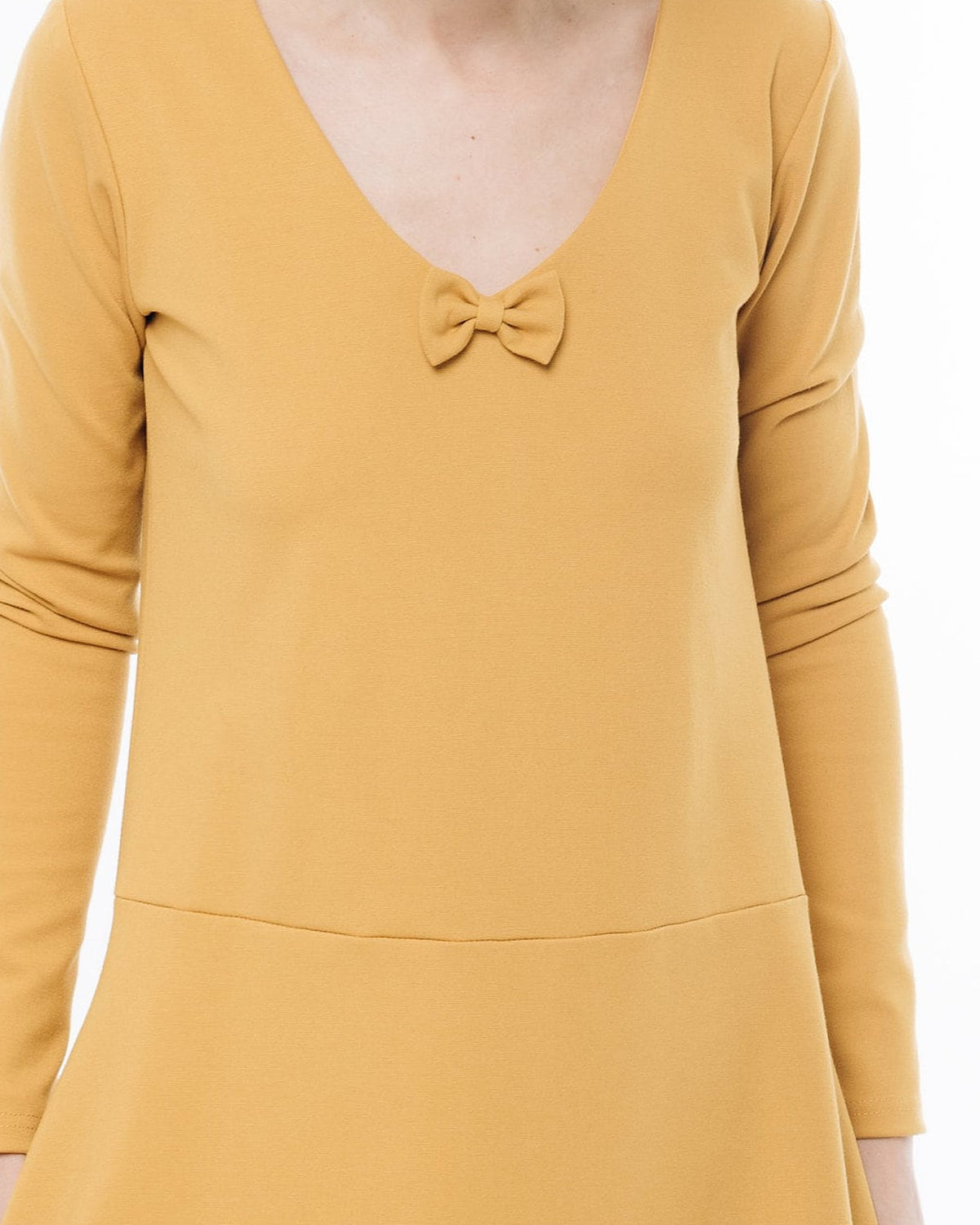 SUN – Italian Punto Milano V-Neck Bow Dress – yellow dress, close-up of V-neck bow and Punto Milano knit texture #Color_Yellow