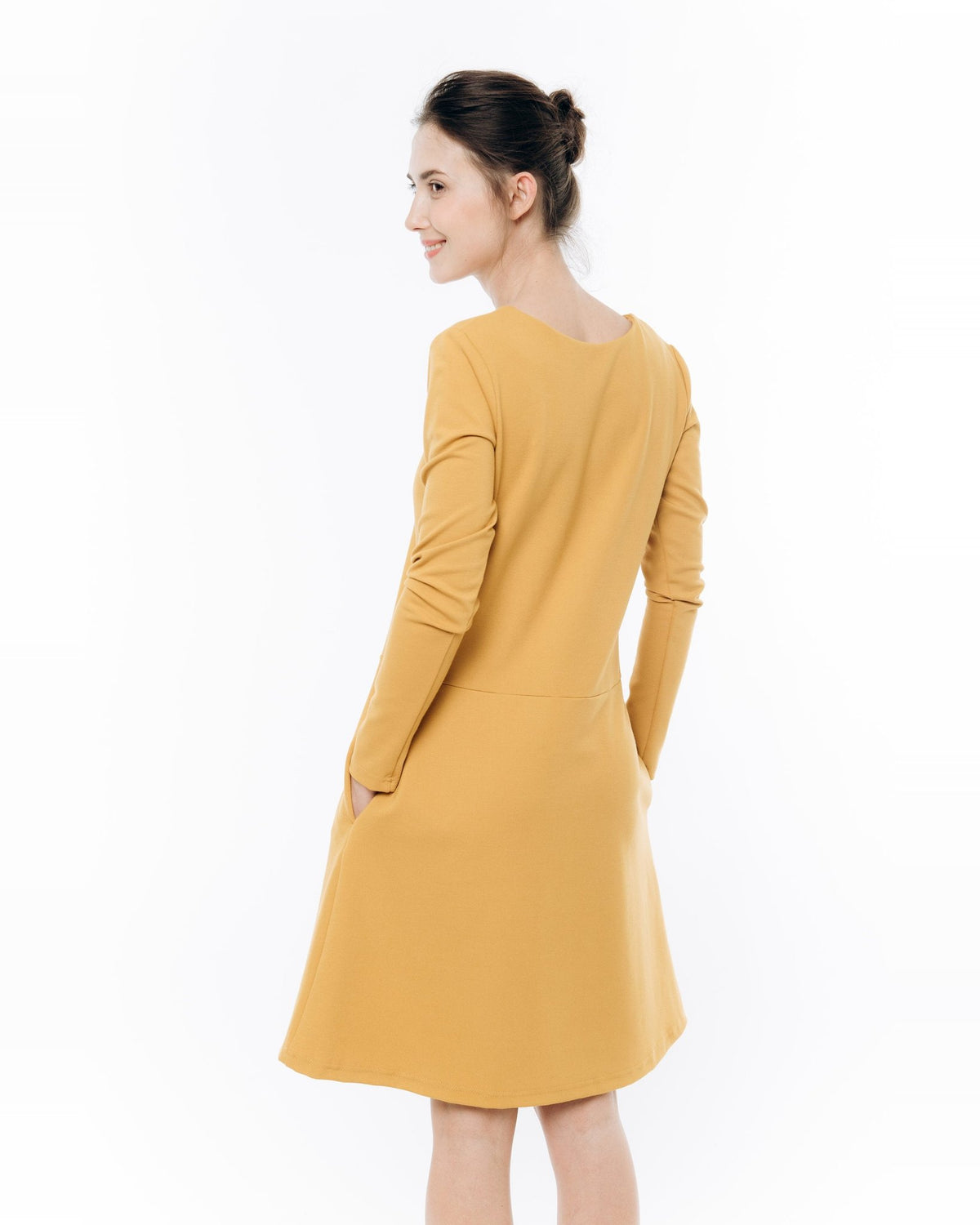 SUN – Italian Punto Milano V-Neck Bow Dress – yellow dress, studio back view #Color_Yellow