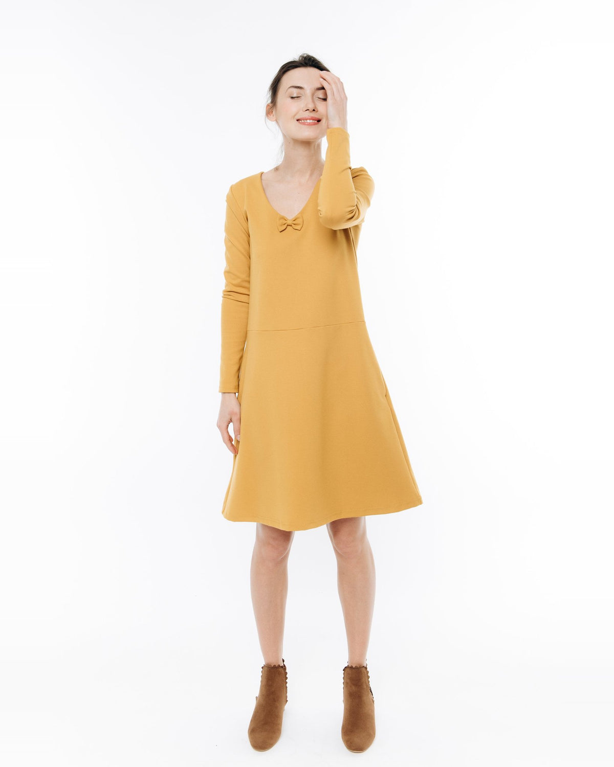 SUN – Italian Punto Milano V-Neck Bow Dress – yellow dress, studio front, full length #Color_Yellow