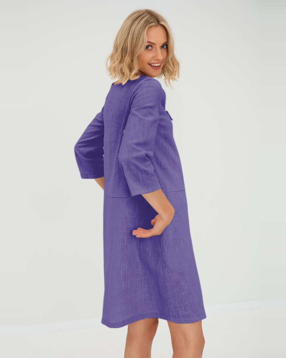 SUN – Linen Blend V-Neck Bow Dress – Purple dress, back view over the shoulder, studio #Color_Purple