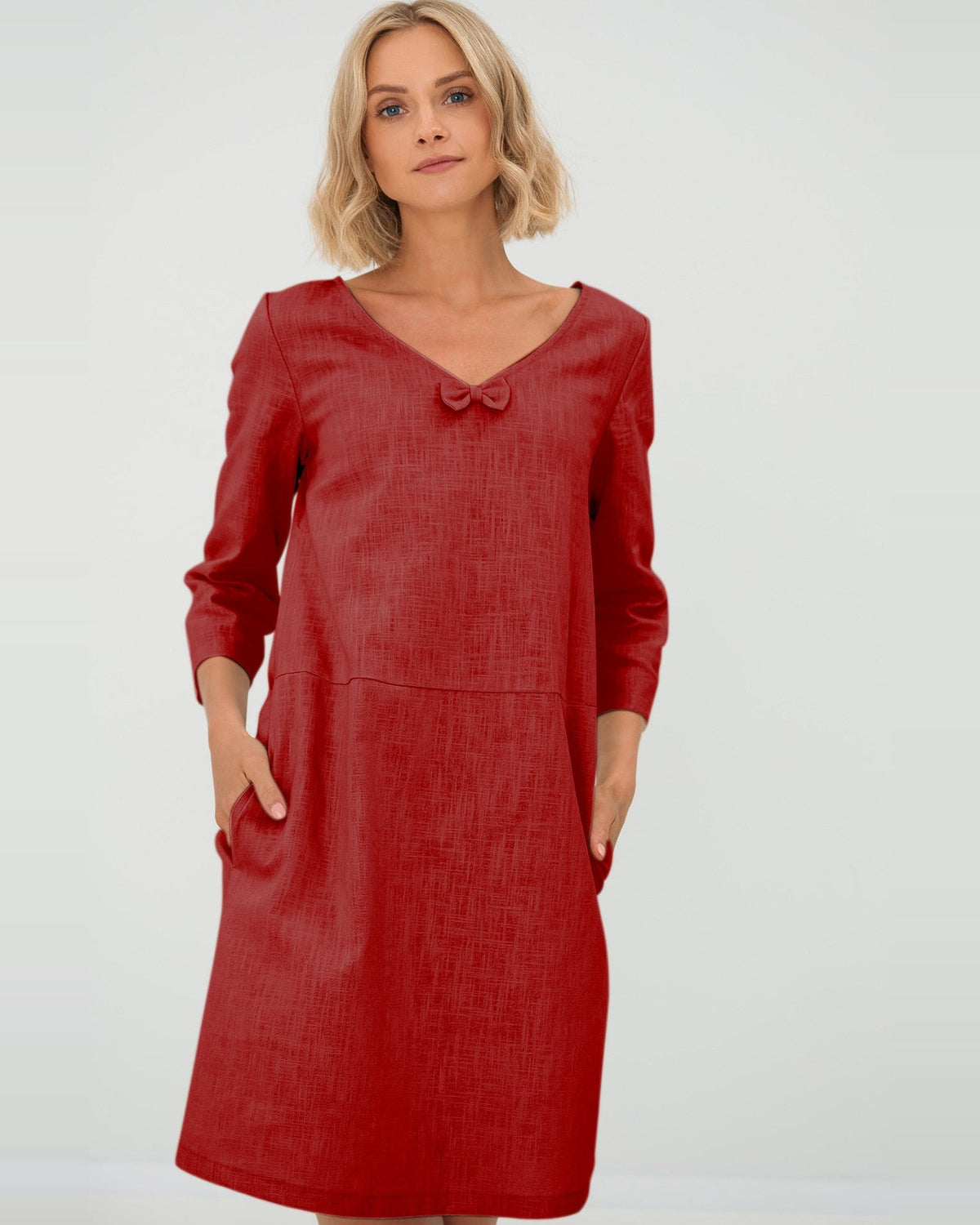 SUN – Linen Blend V-Neck Bow Dress – Red dress, front view, studio #Color_Red